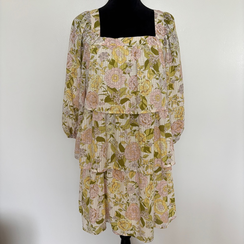 Who What Wear Floral Ruffled Tiered Pink Green Yellow Sundress Small Spring